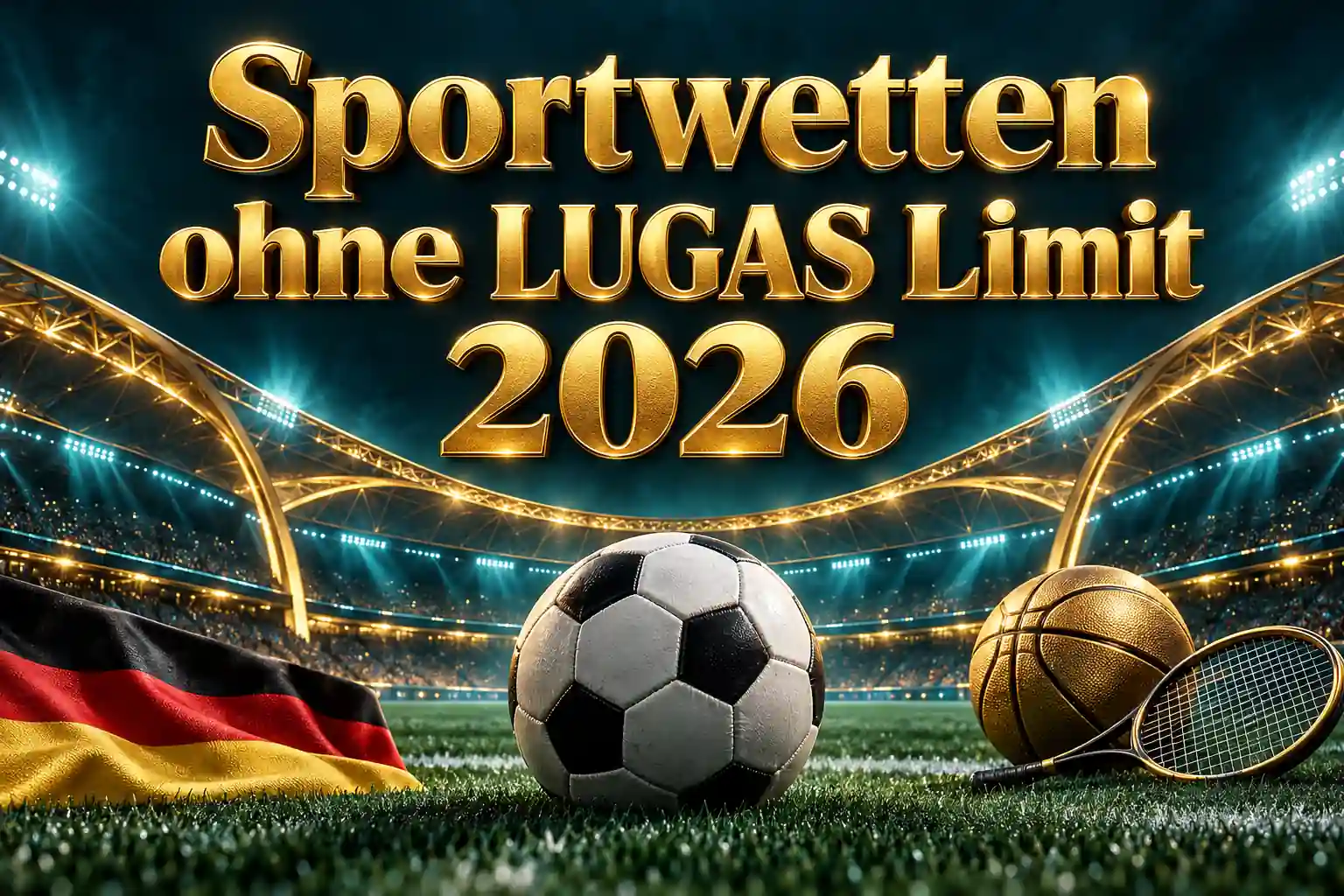 Sportwetten ohne LUGAS Limit 2026 – goldener Schriftzug über einem beleuchteten Stadion mit Fußball, Basketball, Tennisschläger und deutscher Flagge