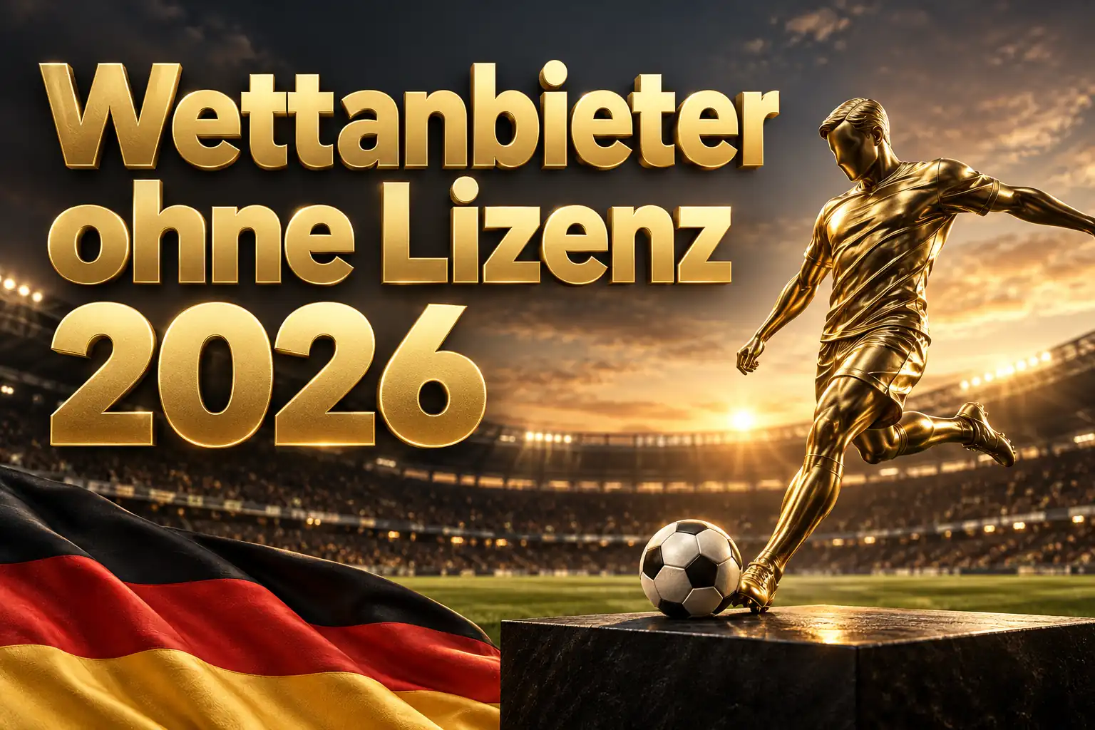 Wettanbieter ohne Lizenz 2026 – goldener Schriftzug mit goldener Fußballspielerfigur, Fußball und deutscher Flagge im Stadion bei Sonnenuntergang