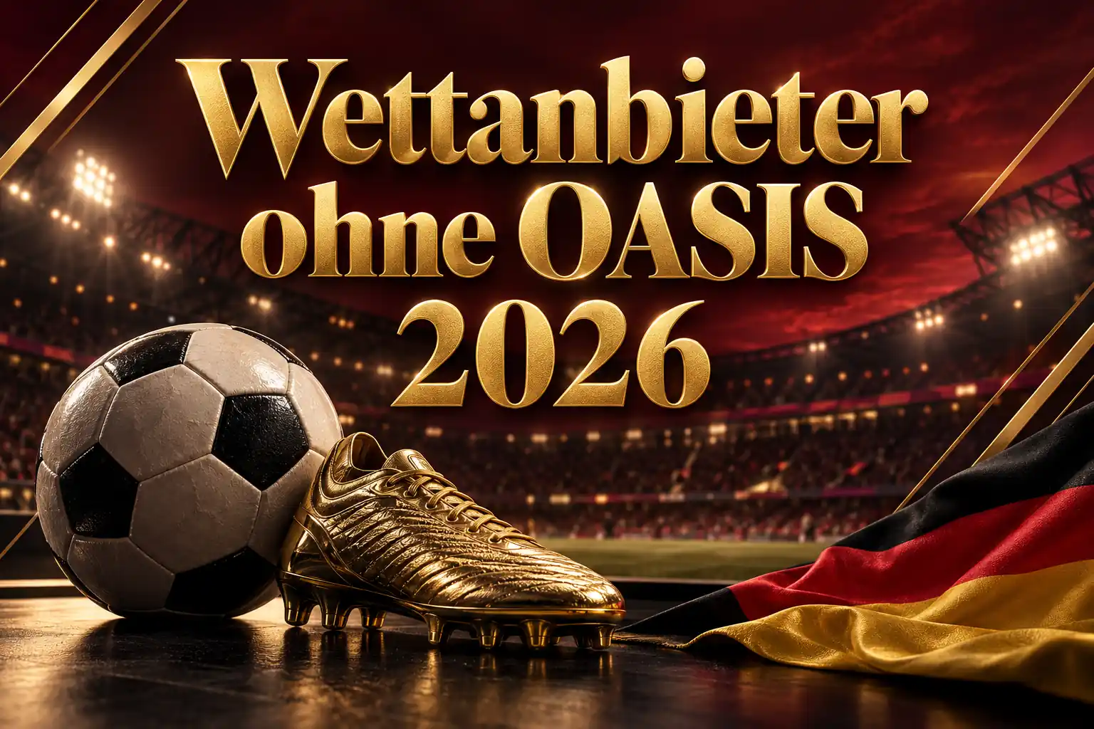 Wettanbieter ohne OASIS 2026 – goldener Schriftzug mit Fußball, goldener Fußballschuh und deutscher Flagge vor beleuchtetem Stadion